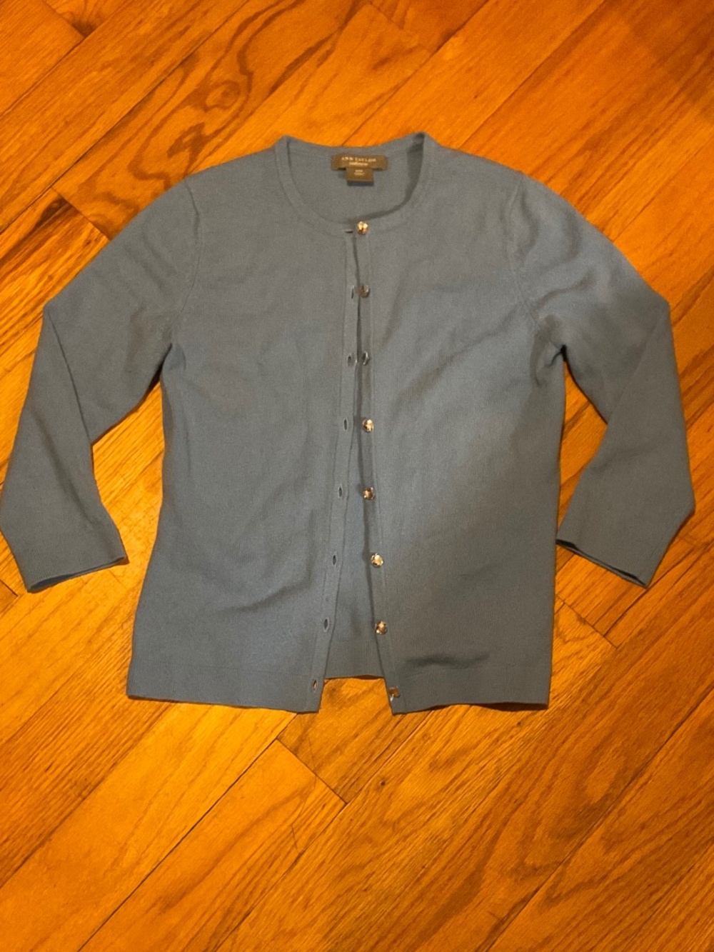 Cashmere Cardigan Sweater 3/4 Sleeve XSP Rhinestone buttons Blue Ann Taylor